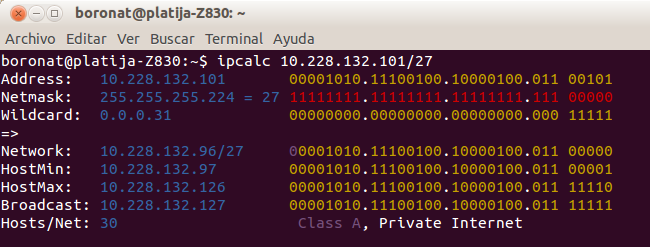 Ejemplo de cálculo de parámetros de una red con ipcalc.